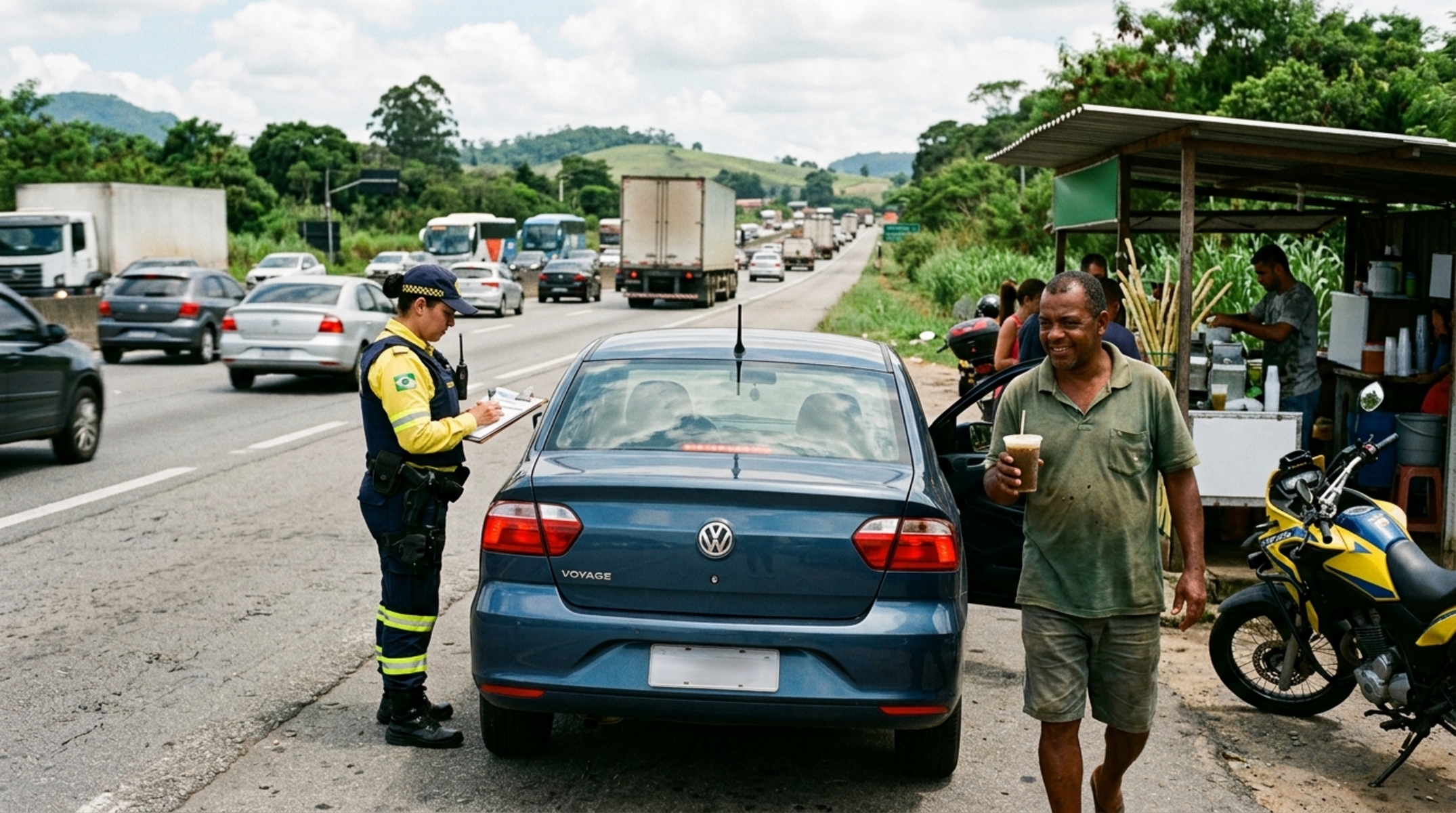 Motorista para no acostamento da rodovia só para comprar caldo de cana, fica menos de cinco minutos fora do carro e descobre que a parada rápida pode virar multa