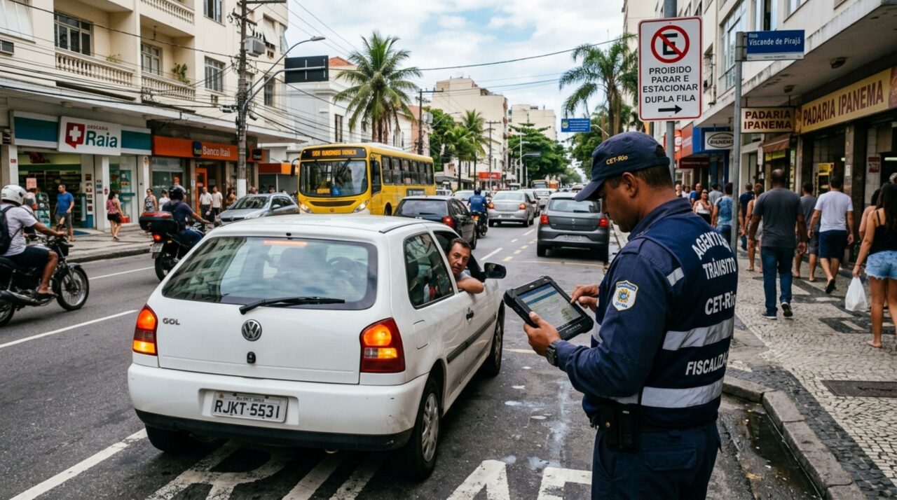 Motorista é multado por parar em fila dupla com o pisca-alerta ligado por poucos minutos e descobre que a luz não transforma local proibido em estacionamento permitido