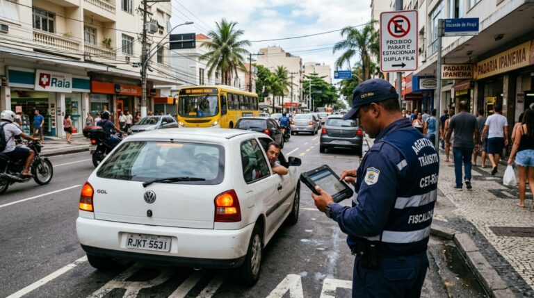 Motorista é multado por parar em fila dupla com o pisca-alerta ligado por poucos minutos e descobre que a luz não transforma local proibido em estacionamento permitido
