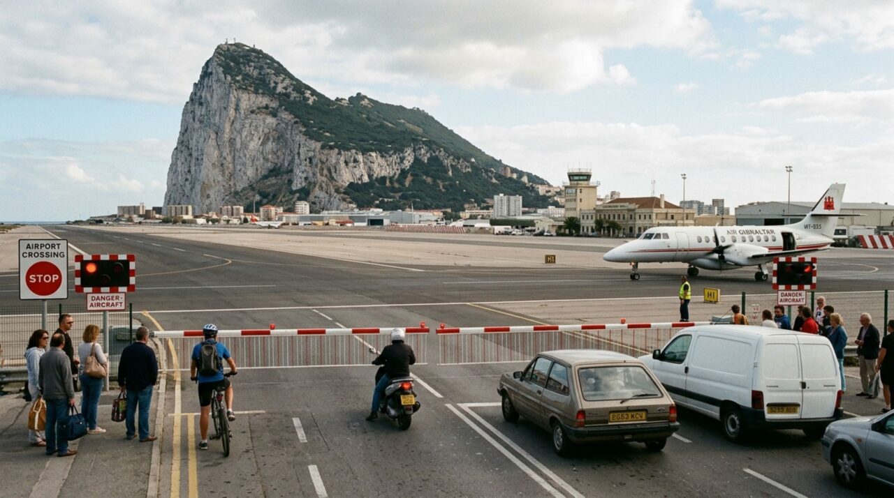O lugar onde uma estrada atravessava a pista de aeroporto e o trânsito precisava parar para os aviões passarem