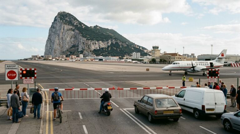 Tráfego terrestre atravessando a pista do Aeroporto de Gibraltar antes de 2023