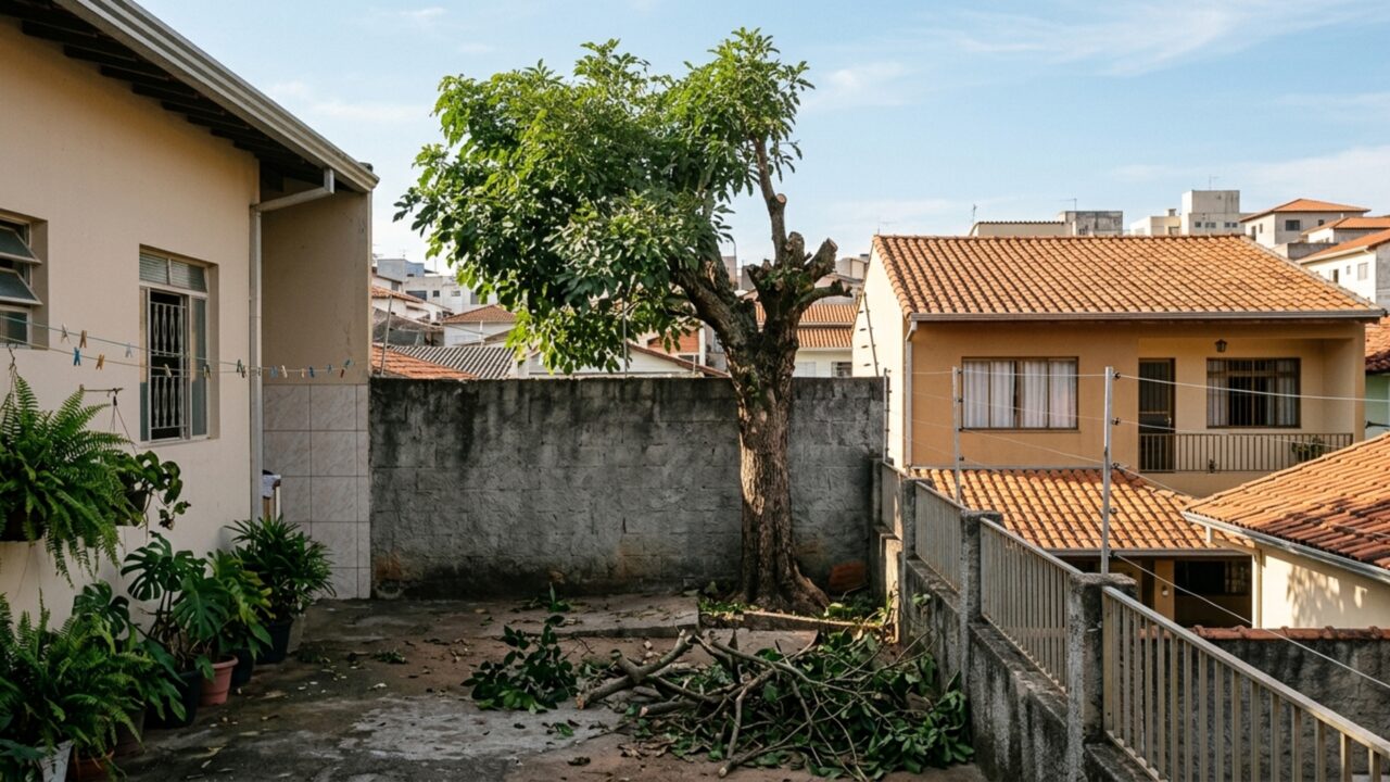 Moradora chega de viagem e encontra árvore que fazia sombra em seu quintal cortada quase pela metade; vizinho diz que os galhos estavam encostando no telhado dele