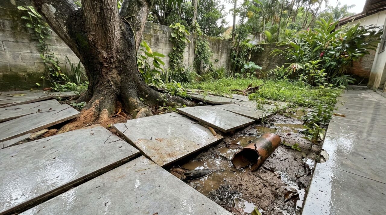 Morador fecha o jardim com porcelanato e, meses depois, raízes sufocadas levantam o piso e rompem a tubulação de drenagem