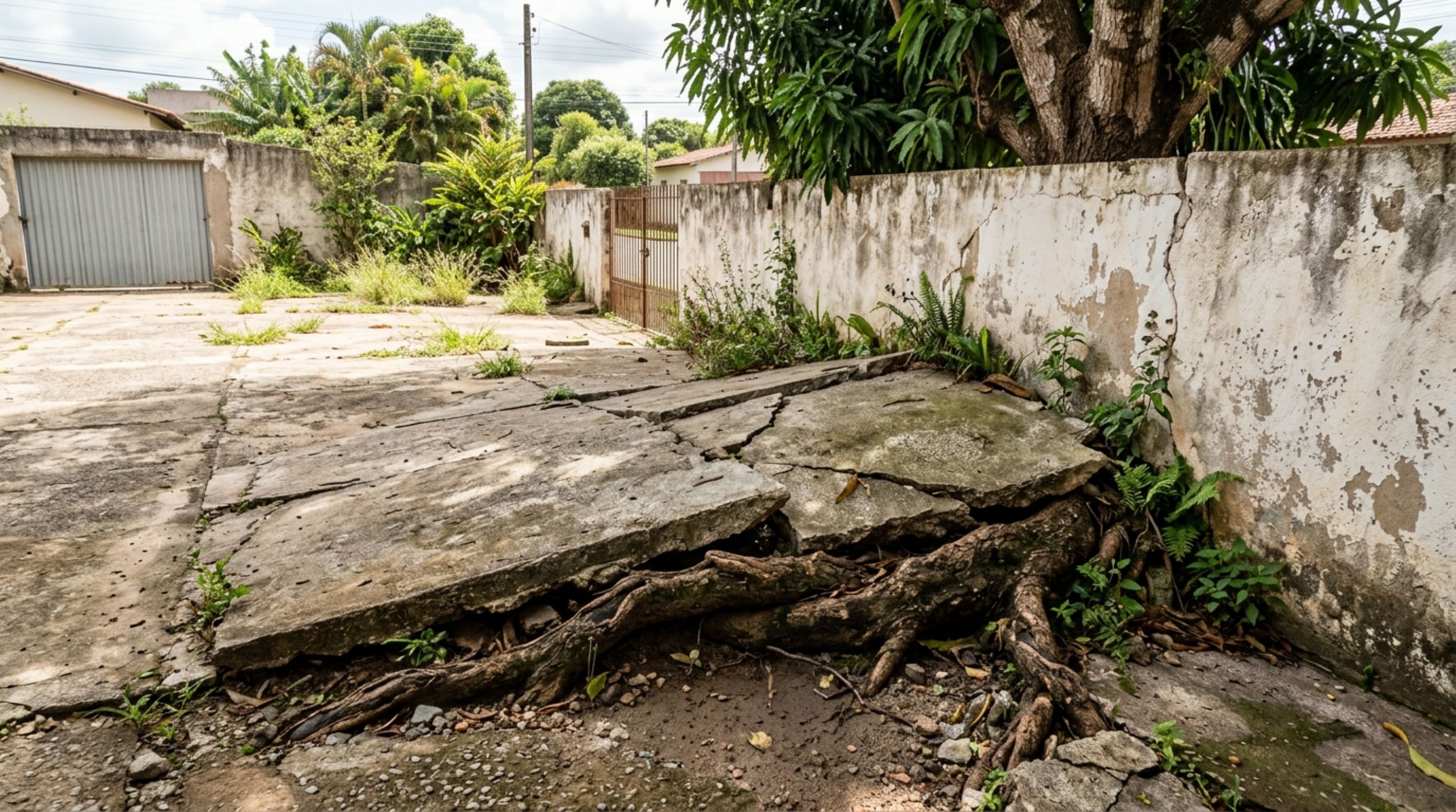 Casal planta uma árvore para fazer sombra no quintal e, anos depois, vizinho descobre que as raízes começaram a levantar o piso da sua garagem
