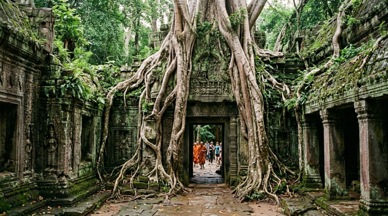 Um templo cambojano parece ter sido desmontado pela floresta porque raízes gigantes atravessam portas e muros que ficaram séculos cercados por árvores