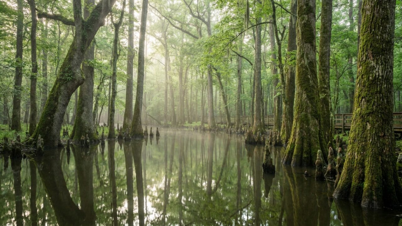 Um rio muda lentamente de lugar dentro de uma floresta e abandona curvas inteiras, deixando lagos em forma de ferradura entre árvores gigantes