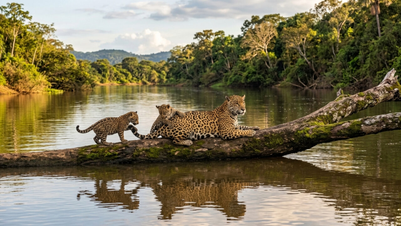 Três onças-pintadas em uma árvore: foto rara revela momento de intimidade entre mãe e filhotes no Pantanal