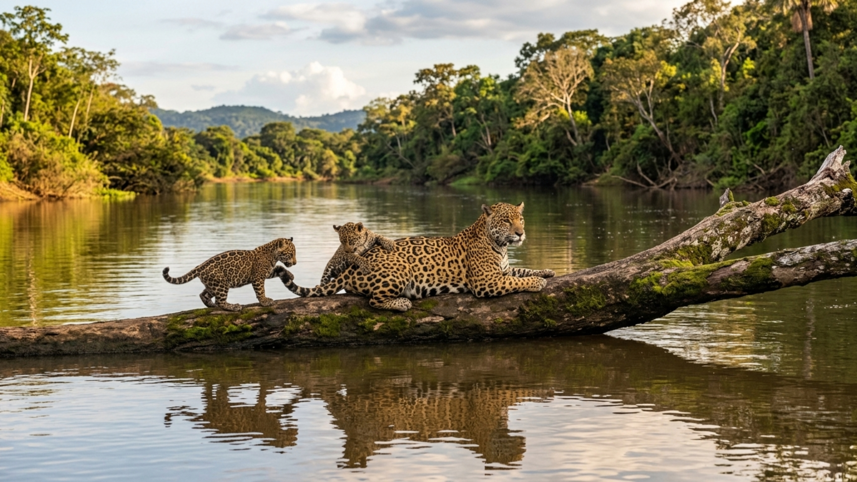 Três onças-pintadas em uma árvore: foto rara revela momento de intimidade entre mãe e filhotes no Pantanal