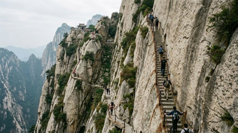 Escadarias íngremes esculpidas no granito do Monte Huashan