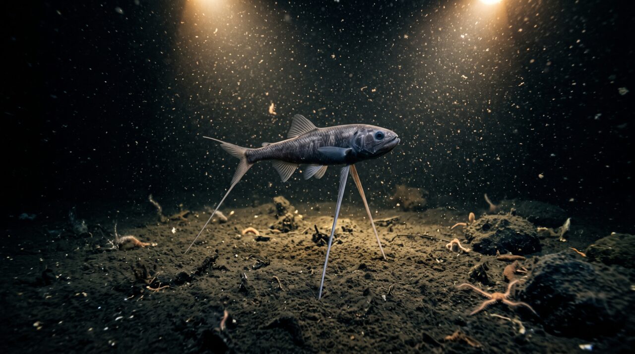 No oceano escuro, um peixe fica apoiado em três raios compridos como se tivesse pernas sobre o fundo abissal