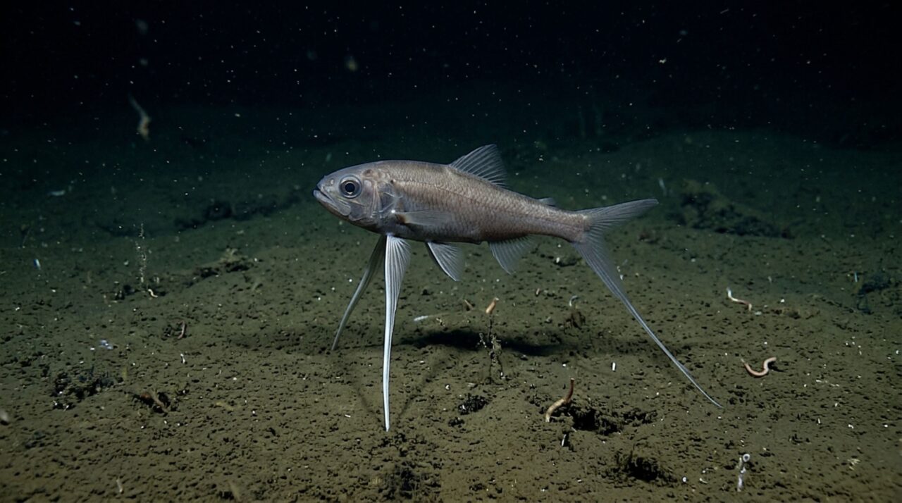 O peixe-tripé usa nadadeiras alongadas para se sustentar acima do fundo abissal