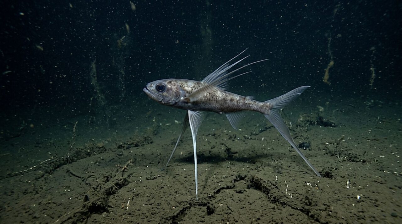 Um peixe vive apoiado em três pernas no fundo escuro e nadadeiras ficam rígidas como pernas de um tripé