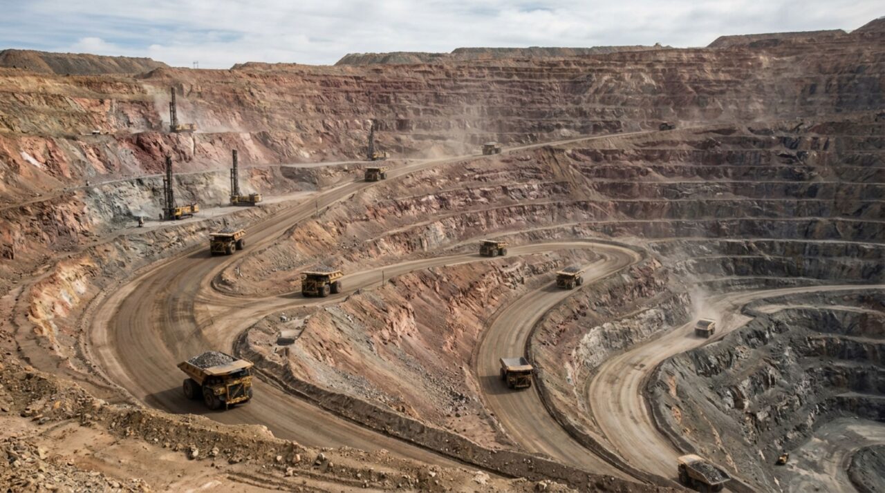 Bancadas e estradas internas permitem explorar um depósito de cobre distribuído por grandes volumes de rocha