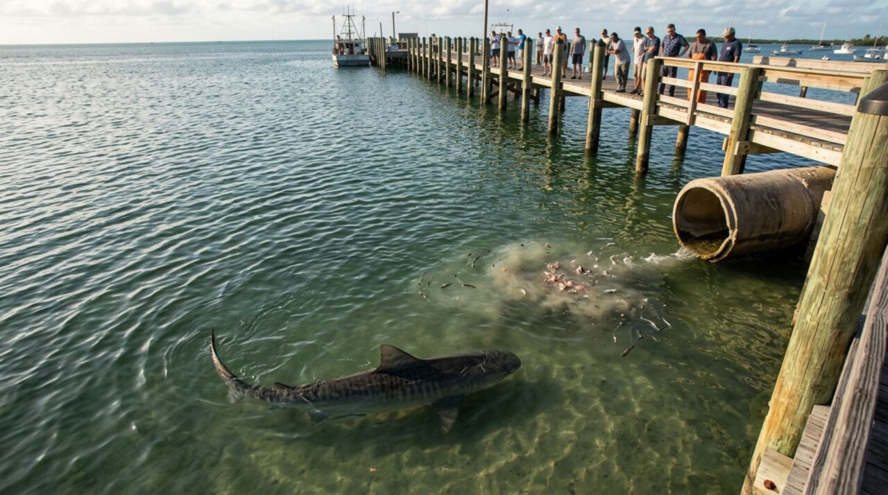 Depois de notar um tubarão-tigre circulando o mesmo ponto do cais durante cinco tardes, marinheiro interrompe a limpeza dos peixes na água, até descobrir uma tubulação que carregava resíduos diretamente para aquele trecho