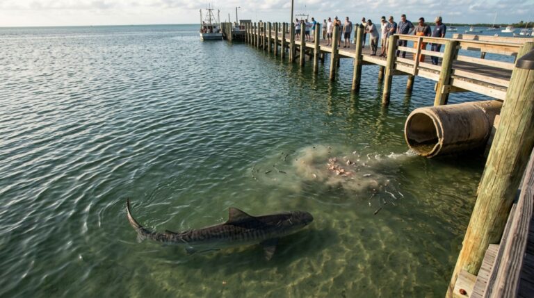 A presença recorrente de um tubarão-tigre perto do cais pode ser compatível com uma fonte previsível de resíduos de pescado no mesmo ponto