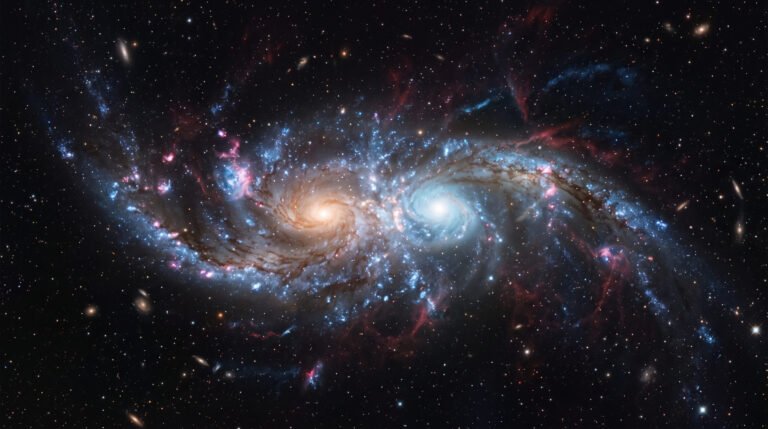 Duas galáxias espirais a 200 milhões de anos-luz aparecem presas num abraço gravitacional e a colisão já distorce os dois discos