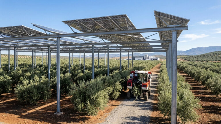 Um engarrafador de azeite está levantando 5.150 painéis solares a 13 pés sobre árvores que param de crescer a seis metros e meio, porque a colheita que prende cada tronco e solta os frutos tem 11,5 pés de extensão total, e todas as árvores permanecem no chão