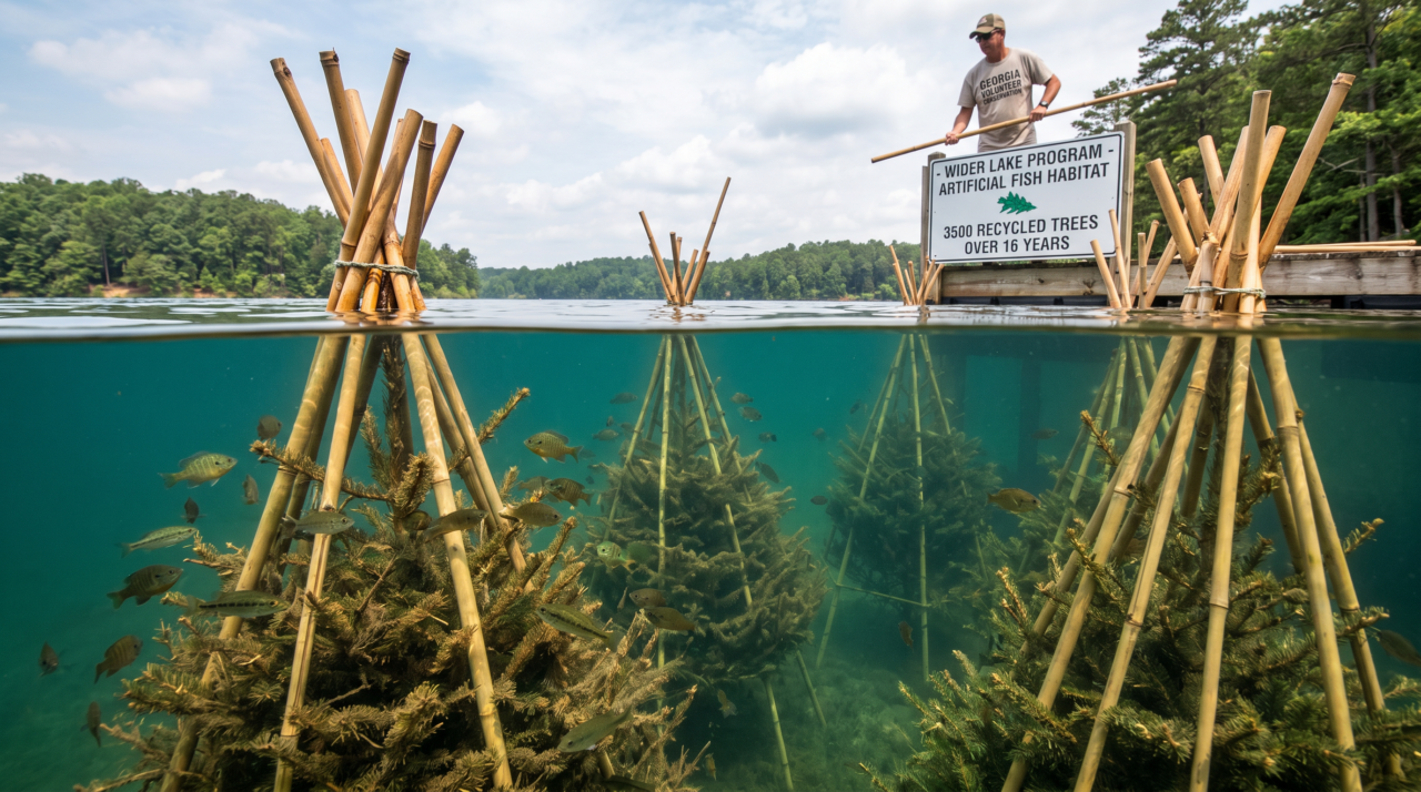 Um voluntário da Geórgia passou seis anos construindo pirâmides de bambu para abrigar peixes jovens; O programa Wider Lake adicionou mais de 3.500 árvores recicladas ao longo de 16 anos