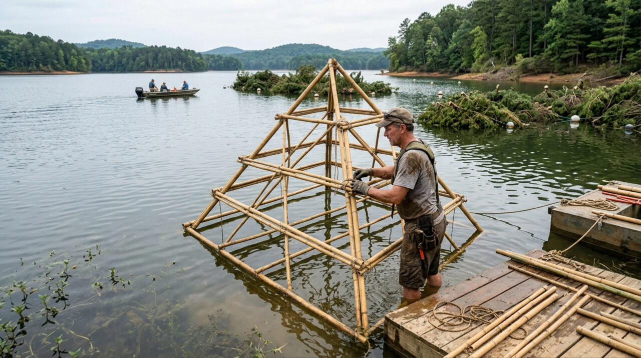 Um voluntário da Geórgia passou seis anos construindo pirâmides de bambu para abrigar peixes jovens; O programa Wider Lake adicionou mais de 3.500 árvores recicladas ao longo de 16 anos