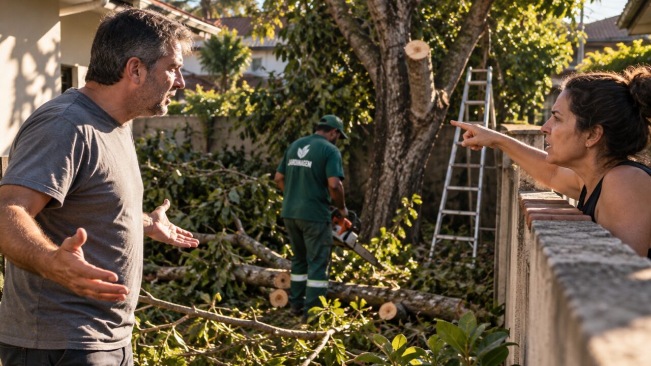 Uma poda que deveria retirar apenas três galhos termina com metade da árvore no chão, e os dois vizinhos passam a discutir quem autorizou o corte