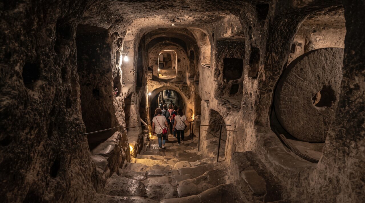 Escondida 85 metros abaixo da superfície, esta gigantesca e complexa cidade subterrânea esculpida na rocha abrigou até 20 mil pessoas, moinhos e gado para escapar de invasões na antiguidade