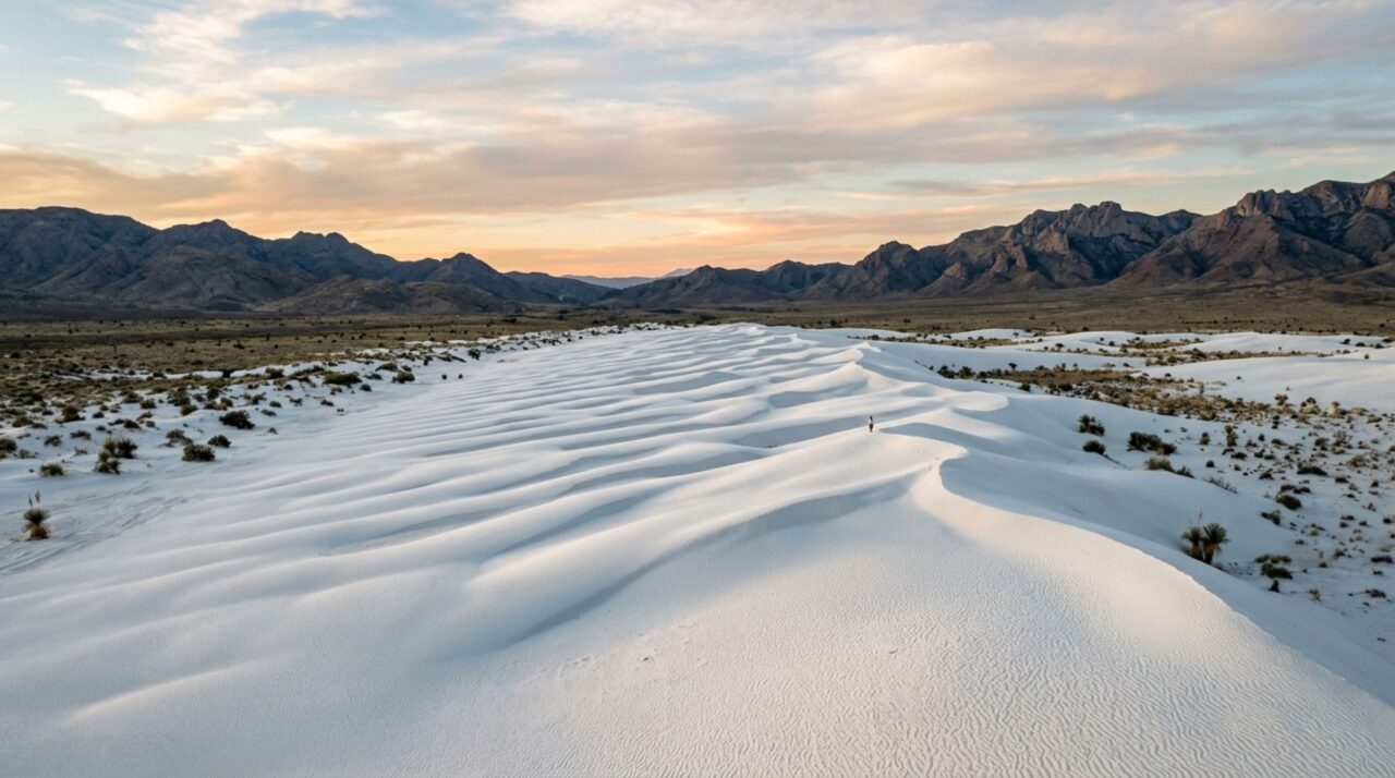Um deserto branco parece coberto de neve, mas as dunas são feitas de cristais de gesso que continuam se movendo com o vento