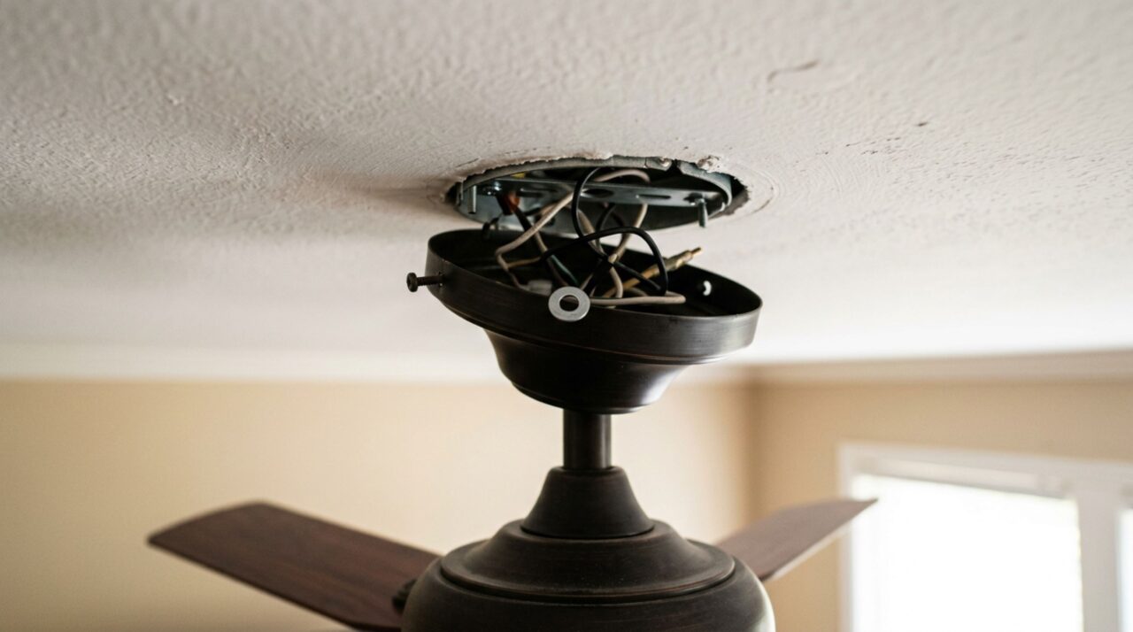 Morador passa semanas apertando os parafusos do ventilador de teto por causa de um ruído metálico e só descobre o verdadeiro problema quando uma arruela esquecida durante a instalação cai de dentro da canopla sobre a mesa