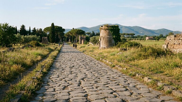 Trecho preservado da Via Appia Antica atravessando a paisagem italiana