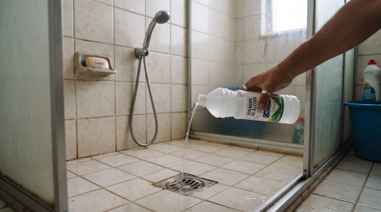 Benefícios de jogar vinagre quente no ralo do chuveiro uma vez por mês para evitar entupimentos pesados