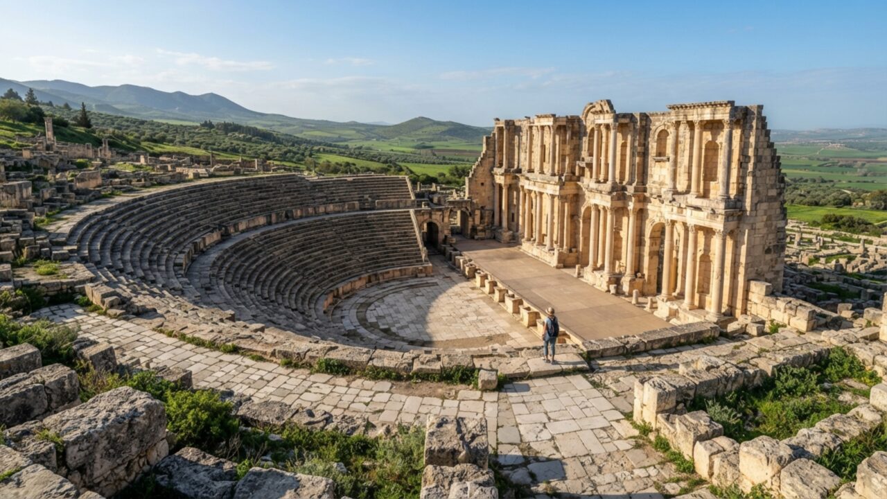 Uma cidade começou como acampamento e virou vitrine de Roma na África: ruas e mosaicos de Dougga ainda atravessam a planície tunisiana