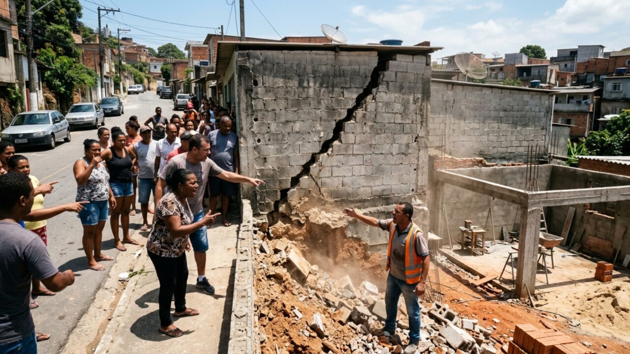 Ao rebaixar quintal em 80 centímetros para ampliar garagem, família deixa base do muro vizinho completamente exposta