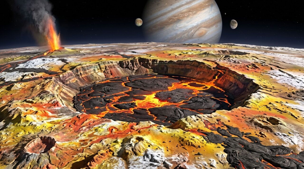 O aquecimento de maré mantém lagos de lava e centros eruptivos ativos em diferentes regiões de Io