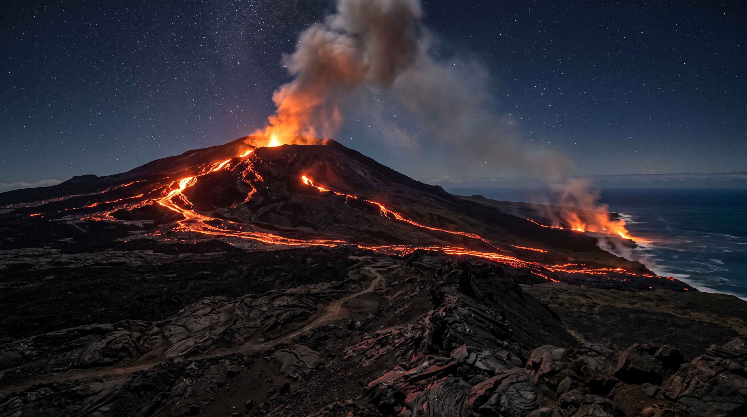 Lava alcançou o oceano numa ilha do Índico depois de semanas avançando por florestas e campos desde quatro fissuras abertas em fevereiro - QTU Questões do Universo