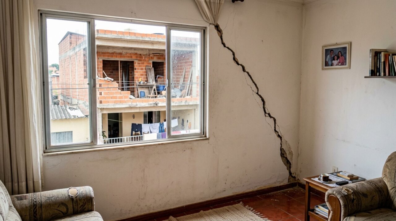 Vizinho ergue o segundo andar sem avisar, e na semana seguinte a moradora ao lado percebe uma rachadura em diagonal descendo do canto da janela até o piso da sala