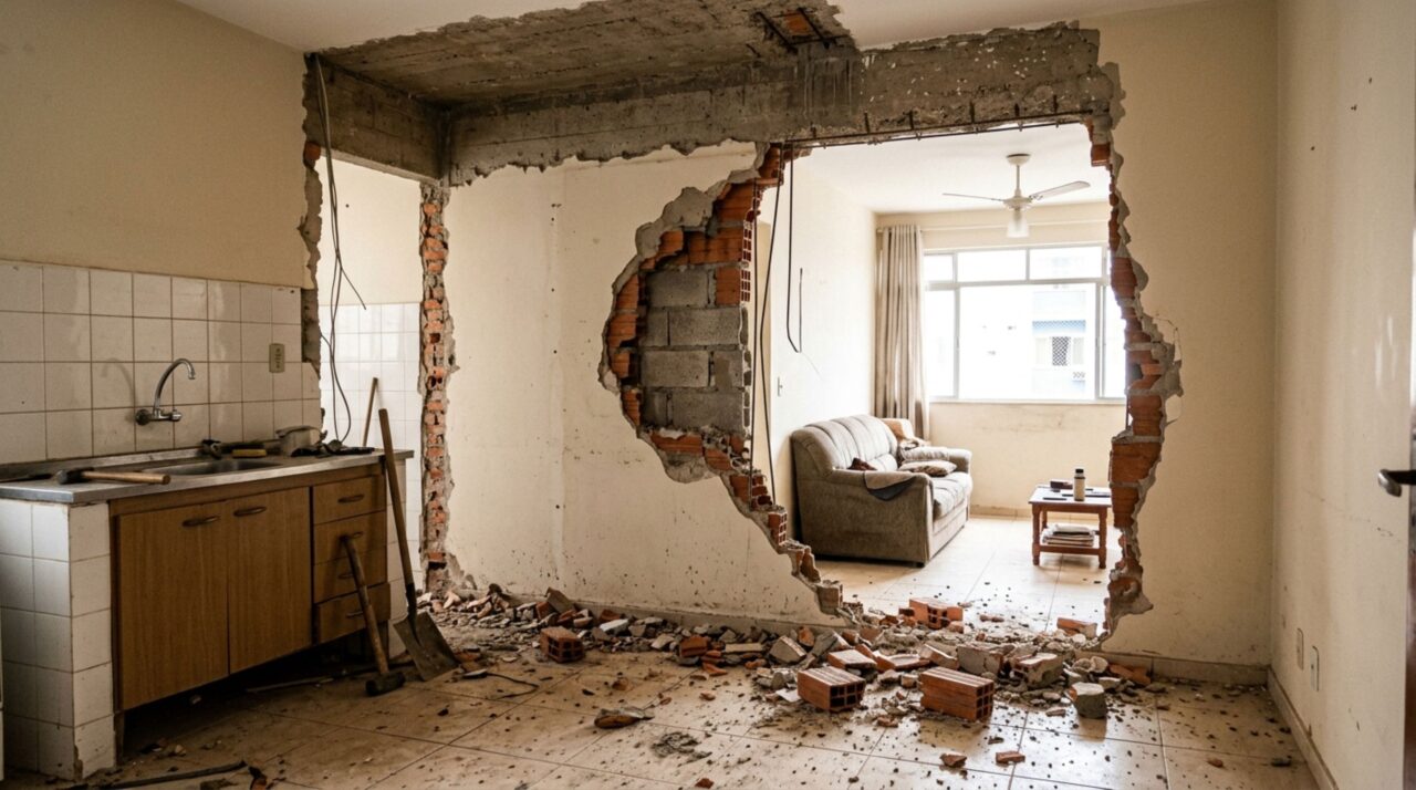 Casal derruba uma parede para integrar a cozinha à sala e, no meio da obra, o engenheiro chamado às pressas avisa que ela era estrutural e sustentava parte da laje