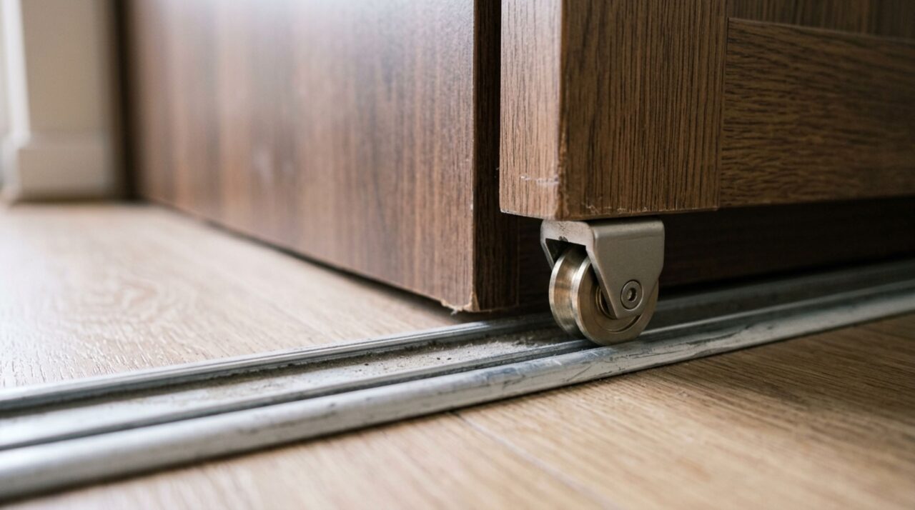 Uma pequena inclinação no trilho pode fazer a porta do guarda-roupa deslizar lentamente para o lado mais baixo