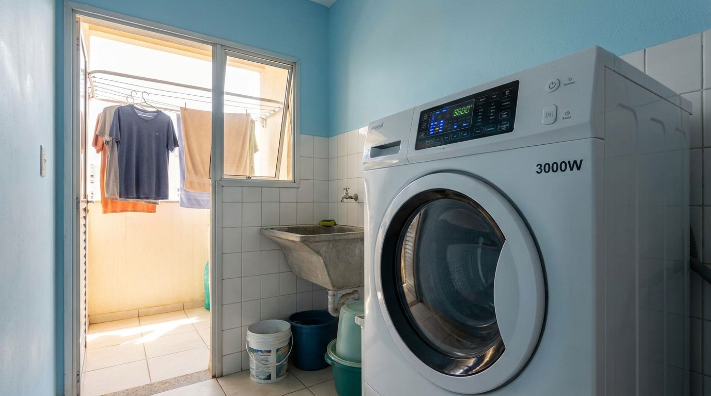 Quanto custa usar uma máquina de lavar roupas de 3.000 watts por 1 hora e por que aproveitar dias de sol pode gerar mais economia do que usar a função secar