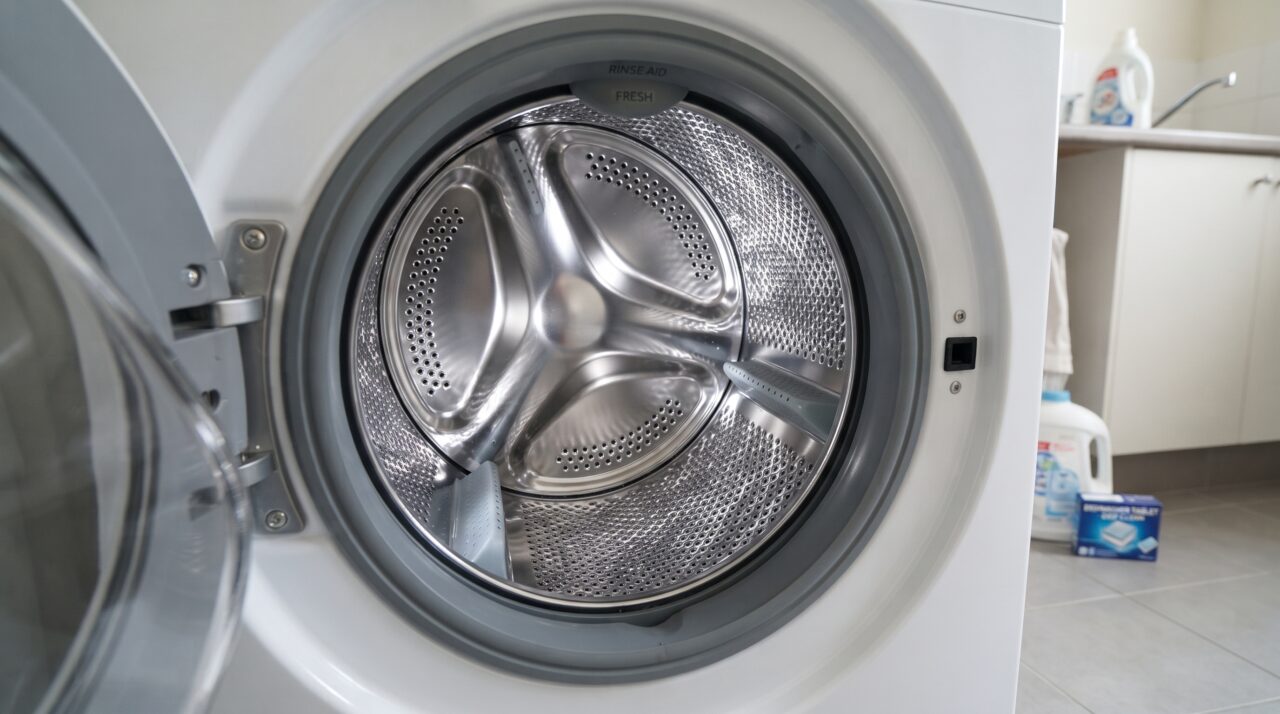 Higienização do tambor da máquina de lavar roupas com pastilha de lava-louças e água quente