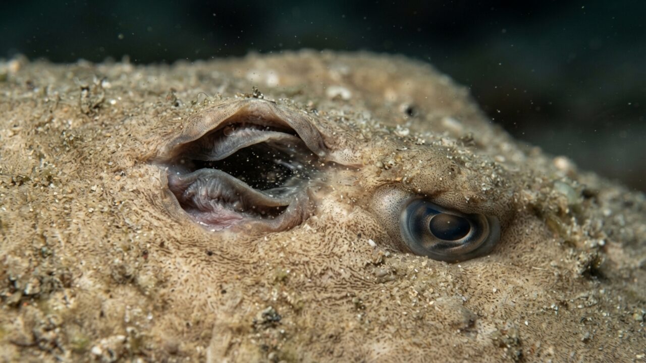 Ele se enterra deixando só os olhos para fora e respira por dois buracos no topo da cabeça sem engolir areia