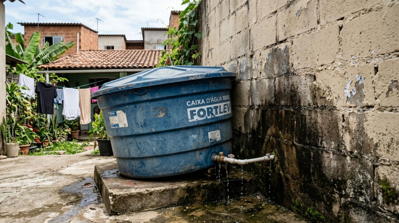 Vizinho instala a caixa-d'água de 1.000 litros sobre a laje encostada na parede compartilhada e, meses depois, aparecem infiltração e manchas de mofo no quarto da casa ao lado