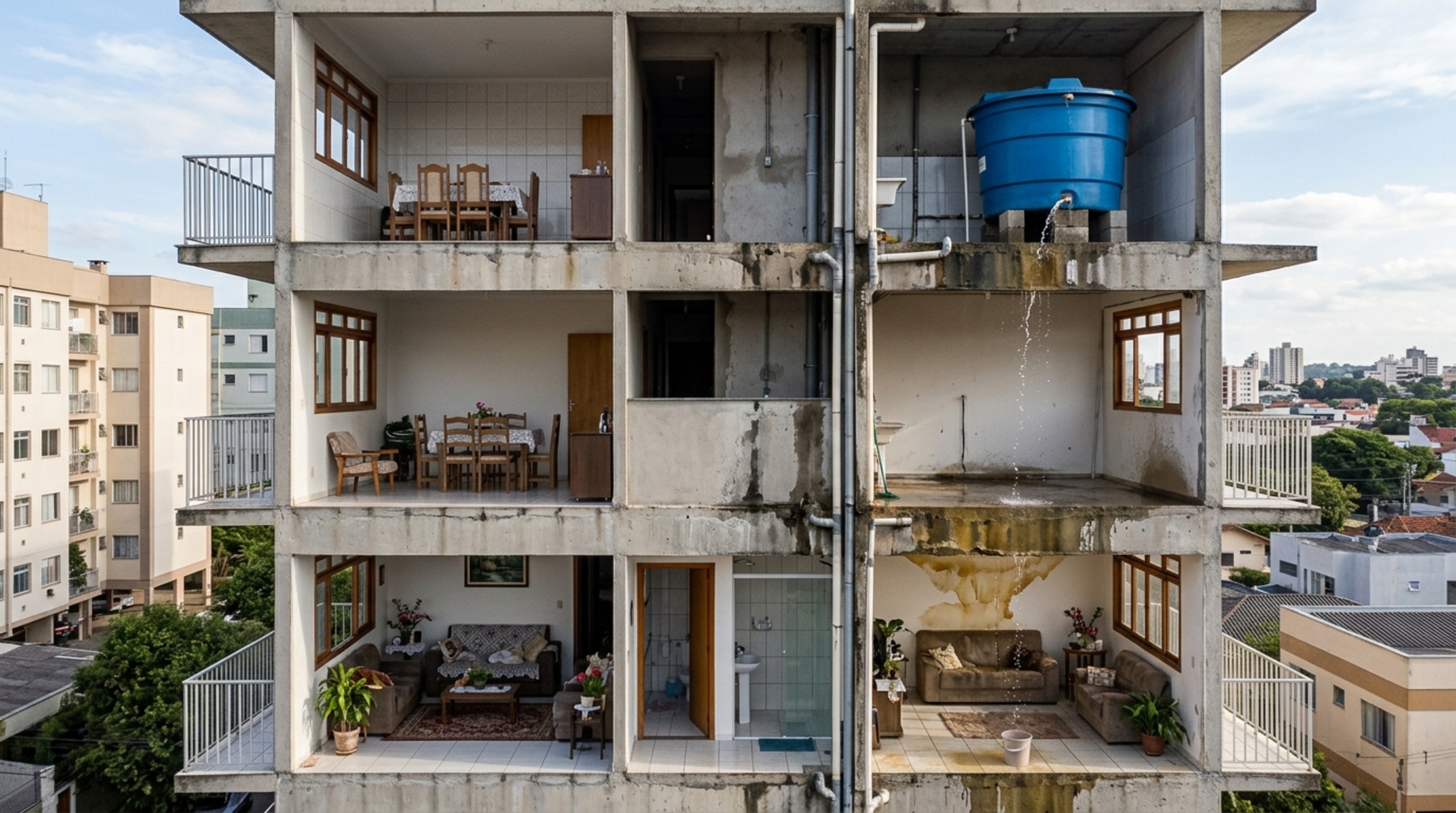 Caixa-d’água de um apartamento começa a vazar lentamente e a primeira mancha aparece dois andares abaixo, longe do ponto onde a tubulação passa