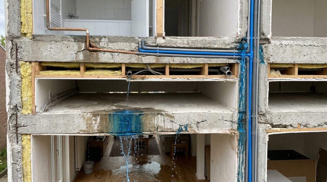 Caixa-d’água de um apartamento começa a vazar lentamente e a primeira mancha aparece dois andares abaixo, longe do ponto onde a tubulação passa