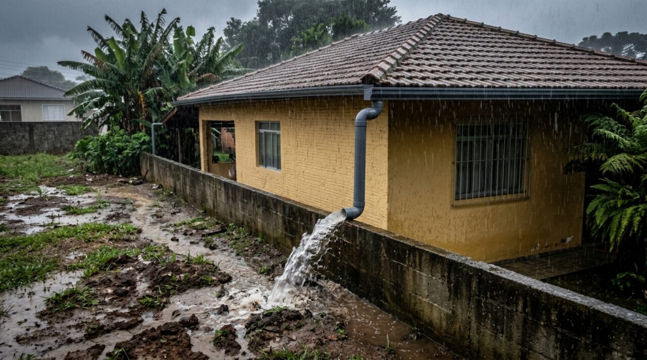 Casal instala uma calha para acabar com a infiltração e, depois da primeira chuva, vizinho encontra toda a água em seu quintal