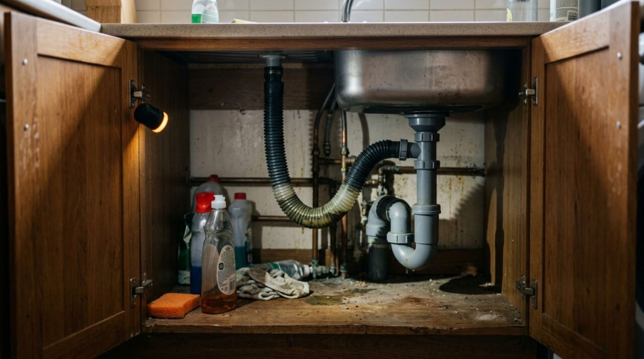 Sem entender por que a pia da cozinha voltava a cheirar mal poucas horas depois da limpeza, casal passa a despejar vários produtos no ralo até um encanador encontrar uma mangueira dobrada que mantinha água suja acumulada atrás do armário