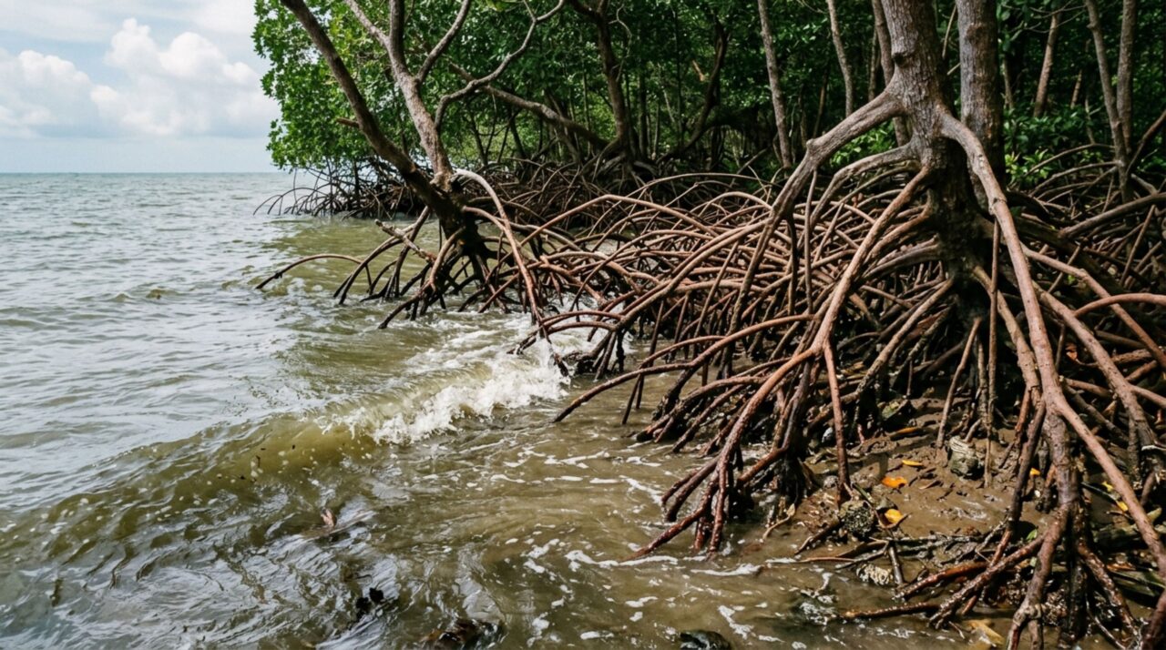 Raízes do mangue reduzem a energia das ondas e ajudam a reter sedimentos