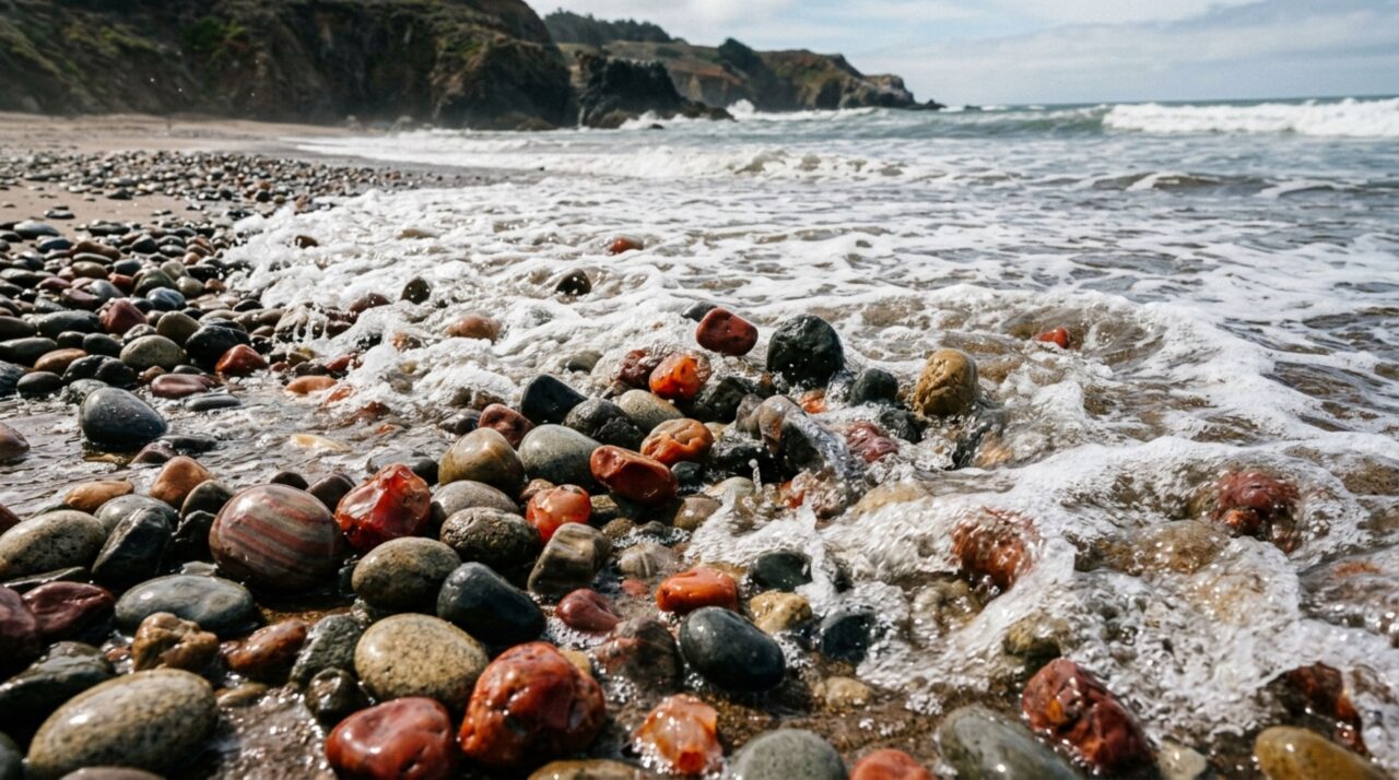 Ondas arredondam e poluem naturalmente os seixos coloridos da praia