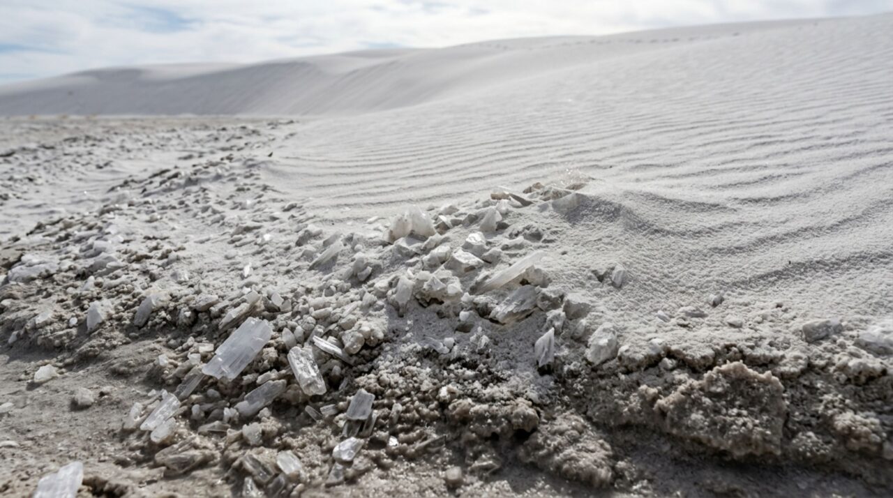 Cristais de gesso se fragmentam, são transportados pelo vento e permanecem parcialmente estabilizados pela umidade subterrânea que sustenta o ciclo de White Sands