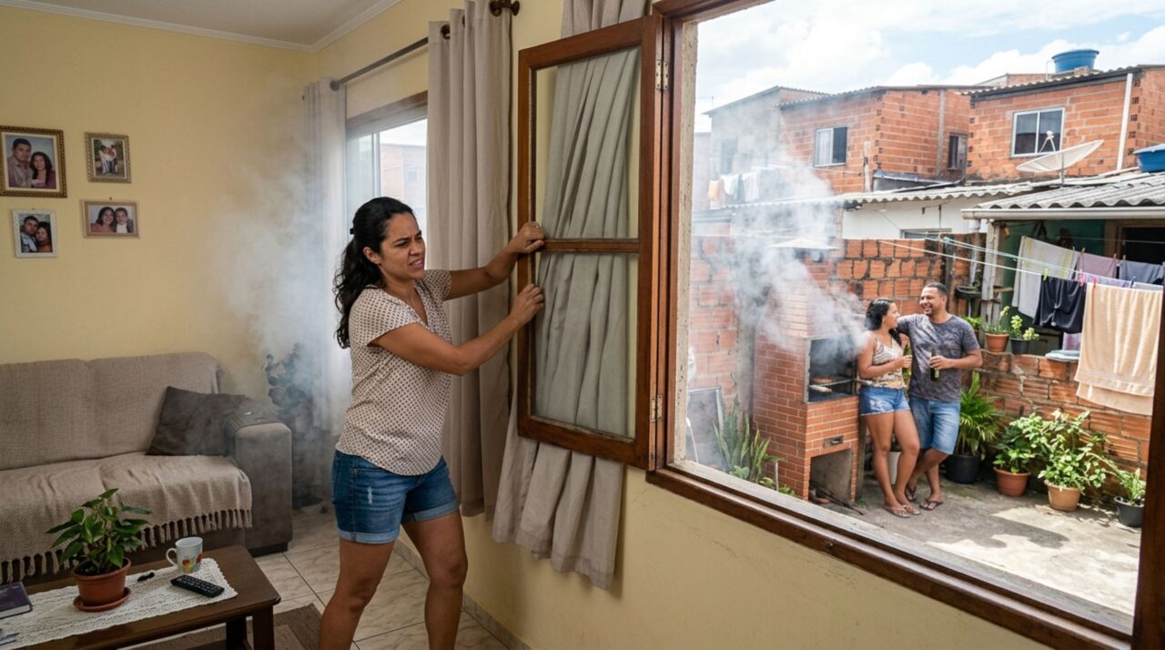 Casal constrói churrasqueira encostada no muro e vizinho reclama que fumaça e cheiro entram diariamente em sua casa, moradores discutem quando o uso do quintal pode ser limitado
