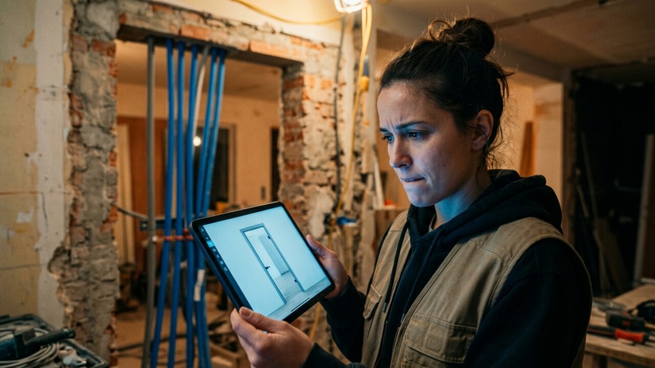 Pedreiro abre parede para instalar uma porta e encontra tubulação antiga passando exatamente no meio do vão planejado