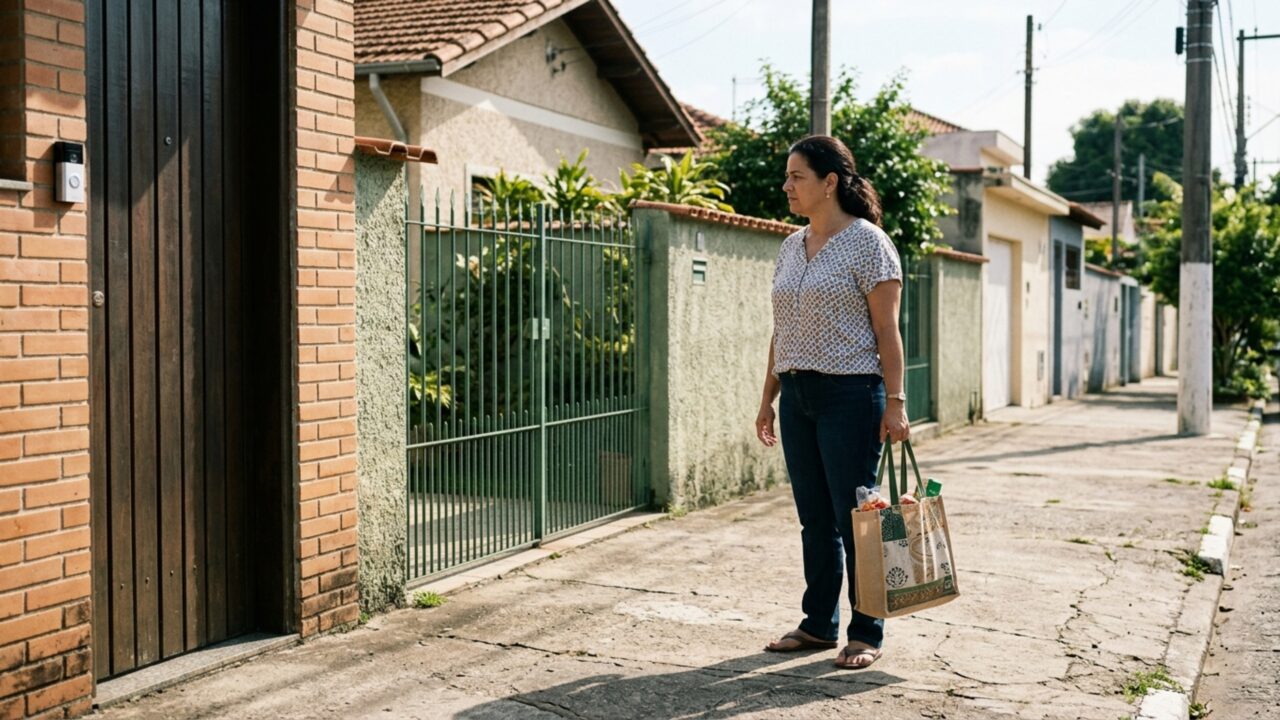 Vizinho instala campainha com câmera para identificar quem toca o portão e moradora da casa ao lado percebe que toda conversa feita na calçada também fica registrada